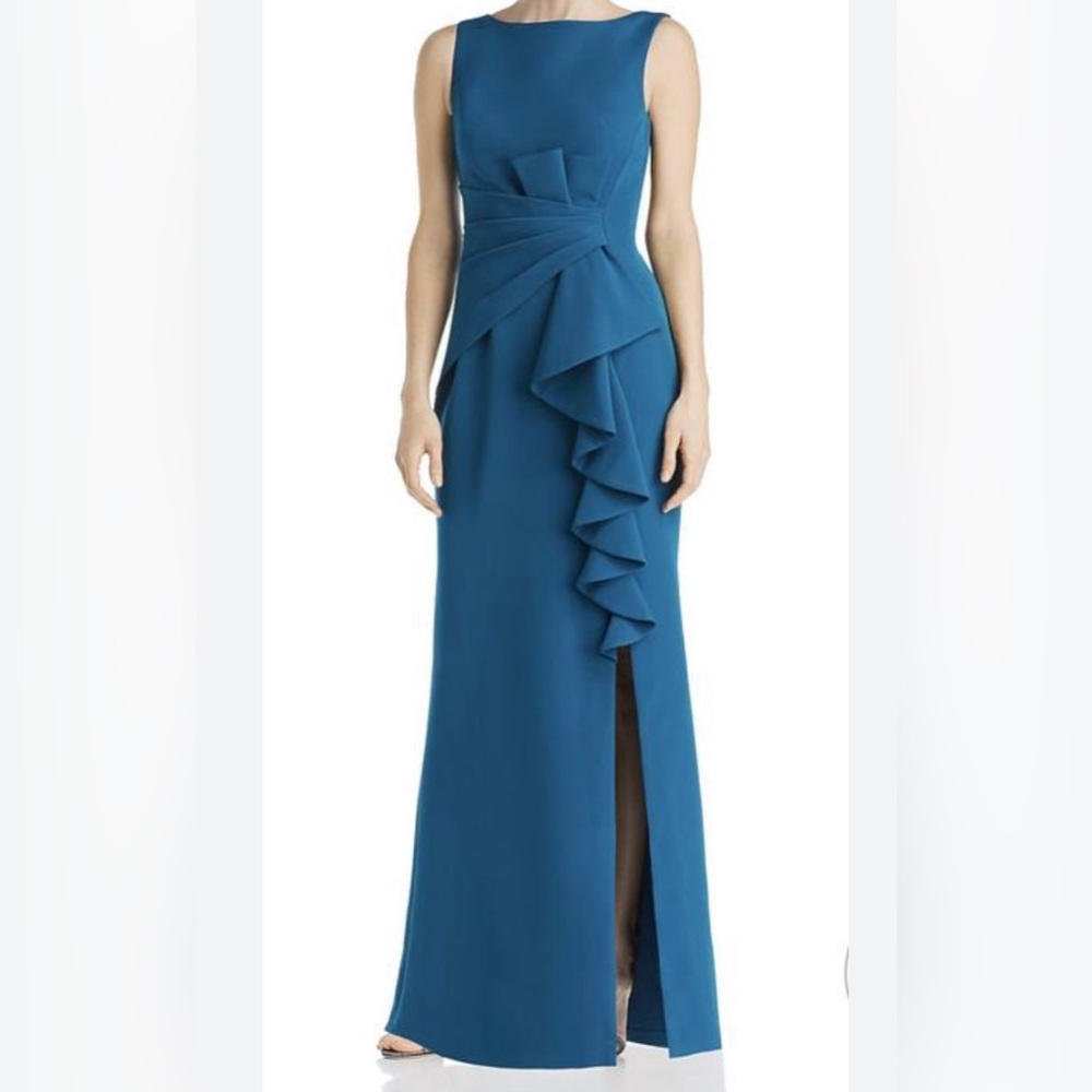 Eliza J Sleeveless Cascading Ruffle Gown with Side
Slit in Teal Size 8